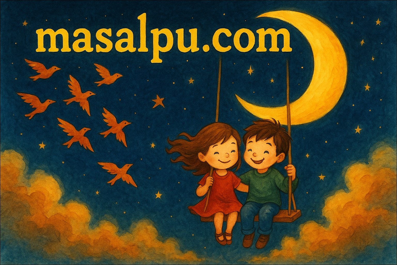 MasalPu masallar, ay ışığı altında salıncakta çocuklar